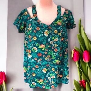 MONTEAU TOP BLOUSE COLD SHOULDER FLORAL PRINT LARGE